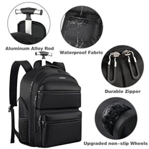 ZOMFELT Rolling Backpack, 17.3 inch Laptop Backpack with Wheels, Waterproof Travel Backpack for Women Men with 3 Portable Packing Bags, Large Business Carry on Bag for Travel Work College, Black