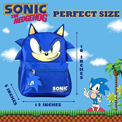 AI ACCESSORY INNOVATIONS Sonic The Hedgehog Backpack for Boys & Girls , Bookbag with Adjustable Shoulder Straps & Padded Back, Sonic 16 Inch Schoolbag with 3D Features, Durable School Bag for Kids