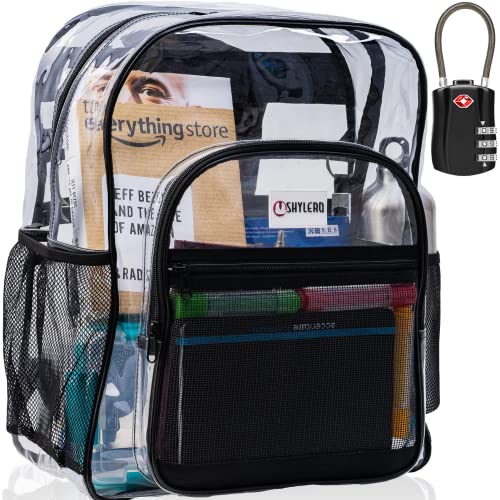 SHYLERO Clear Backpack For Work XL - Heavy Duty School Bookbag has TSA Lock, 2-WAY Zip, Transparent PVC - H18''xW14''xD8