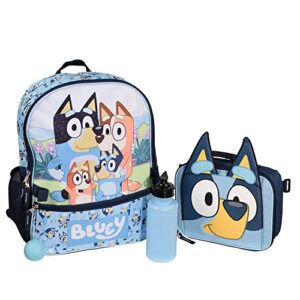 bluey girls & boys toddler 4 piece backpack set for kindergarten , school bag with front zip pocket, mesh side pockets, insulated lunch box, water bottle, and squish ball dangle