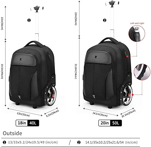 Rolling ,Waterproof Backpack with Wheels for Business, College Student and Travel Commuter, Carry on Backpack with Laptop Compartment, Fit 17 Inch Laptop, Wheeled Backpack for Adults