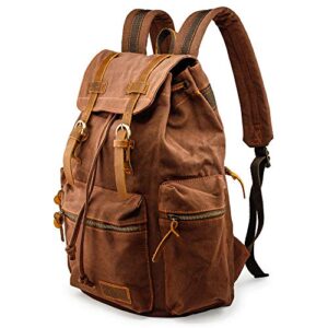 gearonic 21l vintage canvas backpack for men women leather rucksack knapsack 15 inch laptop tote satchel school military army shoulder rucksack hiking bag-coffee