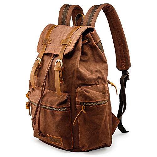 GEARONIC 21L Vintage Canvas Backpack for Men Women Leather Rucksack Knapsack 15 inch Laptop Tote Satchel School Military Army Shoulder Rucksack Hiking Bag-Coffee