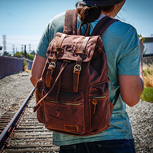 GEARONIC 21L Vintage Canvas Backpack for Men Women Leather Rucksack Knapsack 15 inch Laptop Tote Satchel School Military Army Shoulder Rucksack Hiking Bag-Coffee