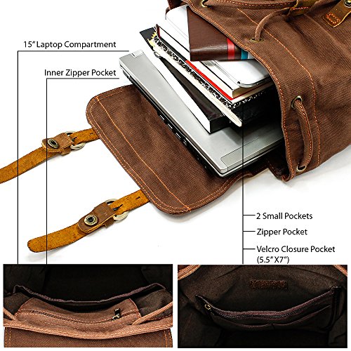 GEARONIC 21L Vintage Canvas Backpack for Men Women Leather Rucksack Knapsack 15 inch Laptop Tote Satchel School Military Army Shoulder Rucksack Hiking Bag-Coffee