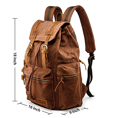 GEARONIC 21L Vintage Canvas Backpack for Men Women Leather Rucksack Knapsack 15 inch Laptop Tote Satchel School Military Army Shoulder Rucksack Hiking Bag-Coffee