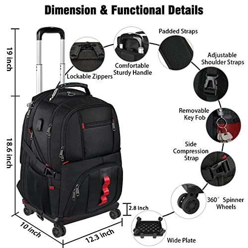 Rolling Backpack with Wheels, Backpack on Wheels for Men Women Adults, 17 inch Wheeled Roller Computer Rucksack for Travel Business College School, Gifts for Men Women Boyfriend Girlfriend, Black