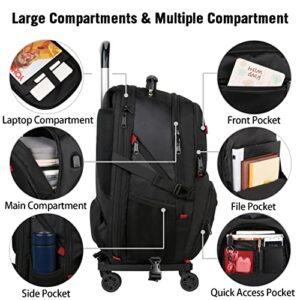 Rolling Backpack with Wheels, Backpack on Wheels for Men Women Adults, 17 inch Wheeled Roller Computer Rucksack for Travel Business College School, Gifts for Men Women Boyfriend Girlfriend, Black