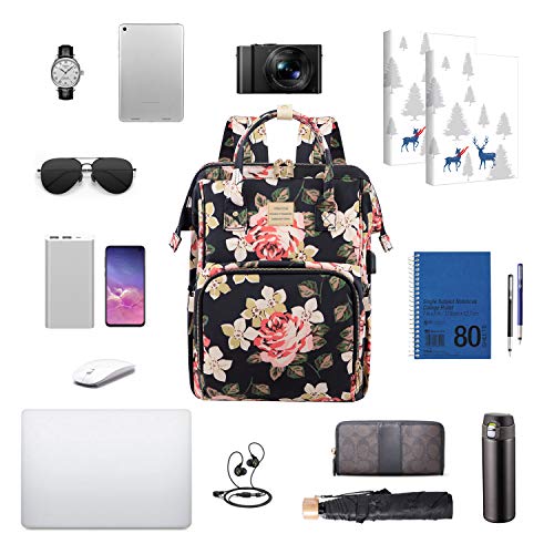 Laptop Backpack for Women,15.6 Inch Stylish College School Backpack with USB Charging Port,Water Resistant Casual Daypack Laptop Backpack for Girls/Nurse/Teacher/Travel (Flower Pattern)