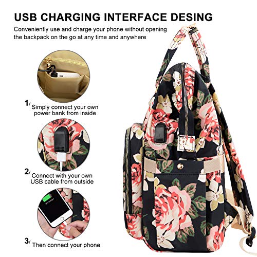 Laptop Backpack for Women,15.6 Inch Stylish College School Backpack with USB Charging Port,Water Resistant Casual Daypack Laptop Backpack for Girls/Nurse/Teacher/Travel (Flower Pattern)