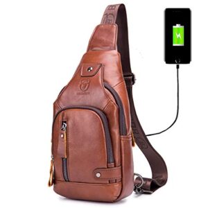 bullcaptain sling bag crossbody backpack with usb charging port genuine leather hiking travel daypack xb-129 (brown)