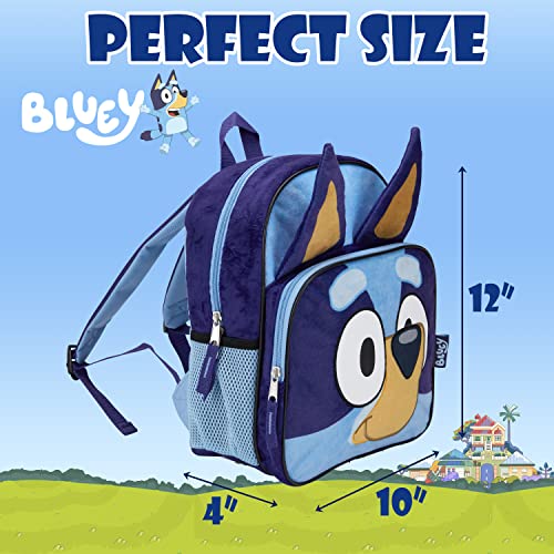 BLUEY Backpack for Girls & Boys for Kindergarten & Elementary School, 12 Inch, Plush with 3D Ears & Appliques, Adjustable Straps & Padded Back, Lightweight Travel Bag for Kids