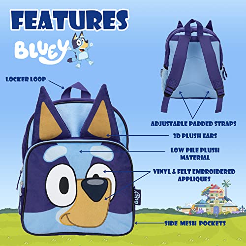 BLUEY Backpack for Girls & Boys for Kindergarten & Elementary School, 12 Inch, Plush with 3D Ears & Appliques, Adjustable Straps & Padded Back, Lightweight Travel Bag for Kids