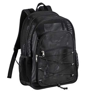 heavy duty mesh backpack, see through college student backpack, semi-transparent mesh bookbag with bungee and comfort padded straps for commuting, swimming, beach, outdoor sports