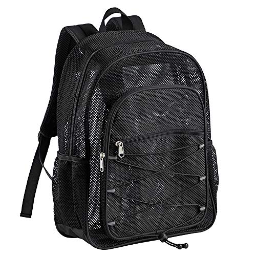 Heavy Duty Mesh Backpack, See Through College Student Backpack, Semi-transparent Mesh Bookbag with Bungee and Comfort Padded Straps for Commuting, Swimming, Beach, Outdoor Sports