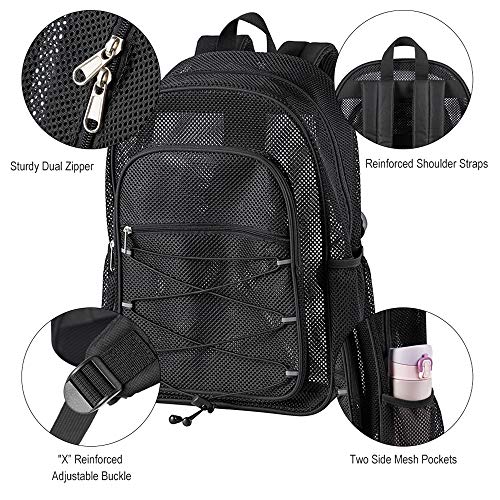 Heavy Duty Mesh Backpack, See Through College Student Backpack, Semi-transparent Mesh Bookbag with Bungee and Comfort Padded Straps for Commuting, Swimming, Beach, Outdoor Sports