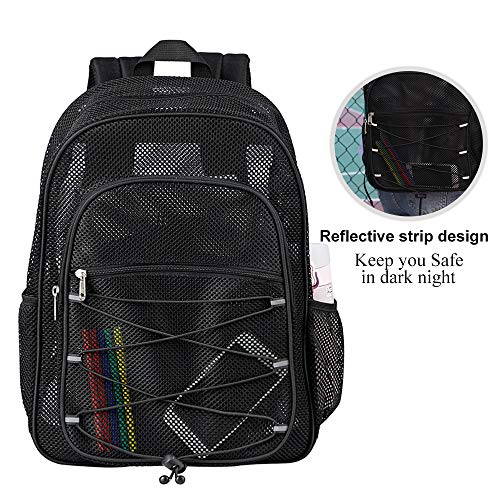 Heavy Duty Mesh Backpack, See Through College Student Backpack, Semi-transparent Mesh Bookbag with Bungee and Comfort Padded Straps for Commuting, Swimming, Beach, Outdoor Sports