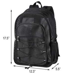 Heavy Duty Mesh Backpack, See Through College Student Backpack, Semi-transparent Mesh Bookbag with Bungee and Comfort Padded Straps for Commuting, Swimming, Beach, Outdoor Sports