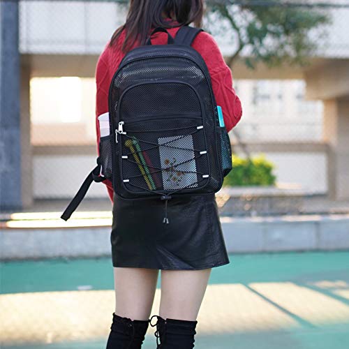 Heavy Duty Mesh Backpack, See Through College Student Backpack, Semi-transparent Mesh Bookbag with Bungee and Comfort Padded Straps for Commuting, Swimming, Beach, Outdoor Sports