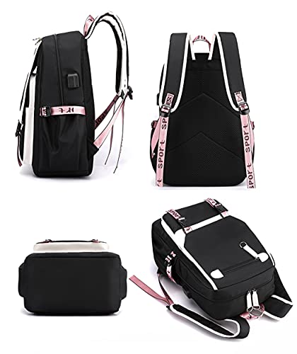 JiaYou Teenage Girls' Backpack Middle School Students Bookbag Outdoor Daypack with USB Charge Port (21 Liters, Black Pink)