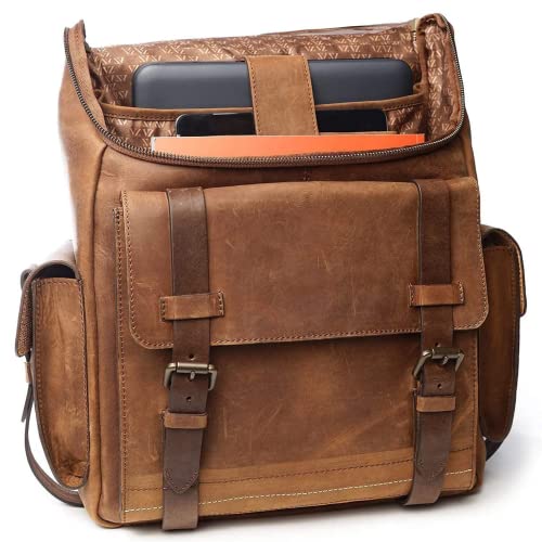 VELEZ Top Grain Leather Backpack for Men - 15 Inch Laptop Bag - Brown Designer Bookbag - Archaeology Vintage Travel Rucksack - Casual Daypack for Women