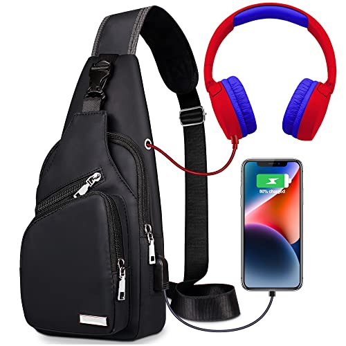 redaica Sling Bag Crossbody Backpack for Women Men Chest Bag Hiking Bag with USB Charging Port for Walking Camping Biking Travel Sports Running Cycling, Black