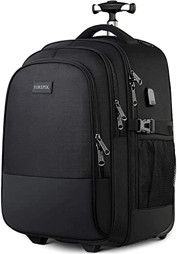 Backpack with Wheels, Large Rolling Backpack for Men Women, Water Resistant Business Travel Carry on Wheeled Backpack Bag, Durable Roller College School Computer Bookbag Fits 15.6 Inch Laptop, Black