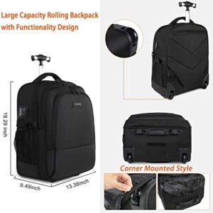 Backpack with Wheels, Large Rolling Backpack for Men Women, Water Resistant Business Travel Carry on Wheeled Backpack Bag, Durable Roller College School Computer Bookbag Fits 15.6 Inch Laptop, Black