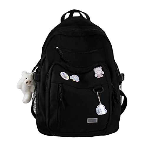 GAXOS Cute Aesthetic Backpacks for Teens Laptop Black Backpacks Middle School Bag Student Bear Pin Book Bags