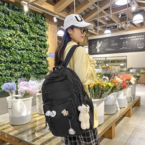 GAXOS Cute Aesthetic Backpacks for Teens Laptop Black Backpacks Middle School Bag Student Bear Pin Book Bags