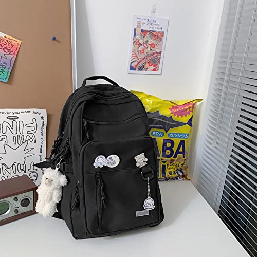 GAXOS Cute Aesthetic Backpacks for Teens Laptop Black Backpacks Middle School Bag Student Bear Pin Book Bags