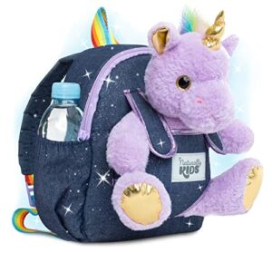 naturally kids small unicorn backpack – 3 – 4 year old girl gifts – toddler backpack for girl boy w stuffed animal – toys for 3 year old girls – w pockets & reflective logo – backpack w purple unicorn
