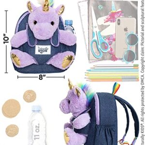 Naturally KIDS Small Unicorn Backpack - 3 - 4 Year Old Girl Gifts - Toddler Backpack for Girl Boy w Stuffed Animal - Toys for 3 Year Old Girls - w Pockets & Reflective Logo - Backpack w Purple Unicorn