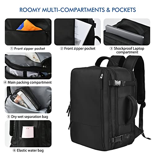 Travel Backpack for Men Women, Large Carry On Backpack Airline Approved,TSA 17.3 inch Laptop Backpack, Waterproof Backpack, College School Bag Casual Daypack for Weekender Business Hiking, Black