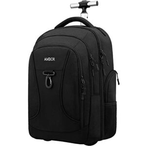 ambor rolling backpack, waterproof wheeled backpack, carry-on trolley luggage suitcase compact business backpack with wheels, student rolling laptop bag trolley carry luggage fits 17 inch – black