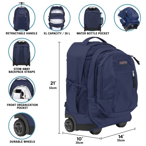 JanSport Driver 8 Rolling Backpack and Computer Bag for College Students, Teens, Navy - Durable Laptop Backpack with Wheels, Tuckaway Straps, 15-inch Laptop Sleeve - Premium Bookbag Rucksack