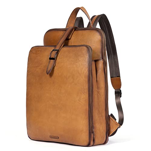 CLUCI Womens Backpack Purse Vegetable Tanned Full Grain Leather 15.6 Inch Laptop Travel Business Vintage Large Shoulder Bags Yellowish Brown