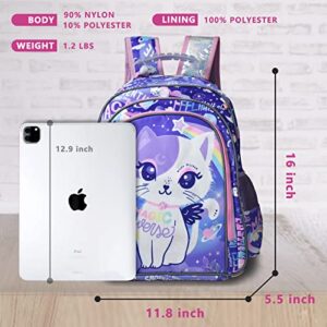 Girls Backpack 16 Inch Kids Backpacks for Girls Cute Cat Backpack for Girls Kawaii Light Purple Backpack for Preschool Elementary Kindergarten Large Capacity