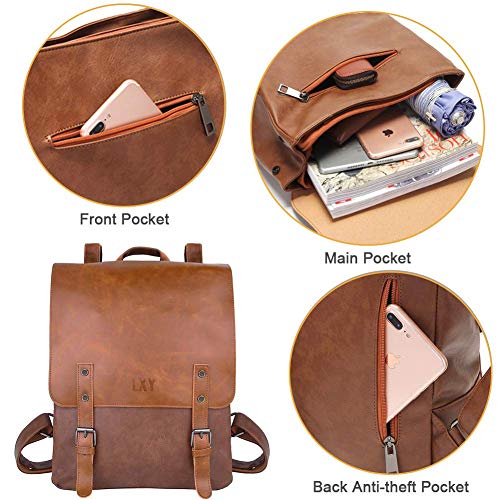 LXY Vegan Leather Backpack Vintage Laptop Bookbag for Women Men, Brown Faux Leather Backpack Purse College School Bookbag Weekend Travel Daypack
