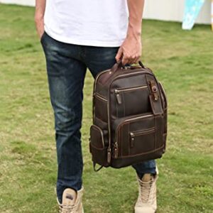 LANNSYNE Men's Vintage Full Grain Leather 15.6 Inch Laptop Backpack Camping Travel 24L Rucksack