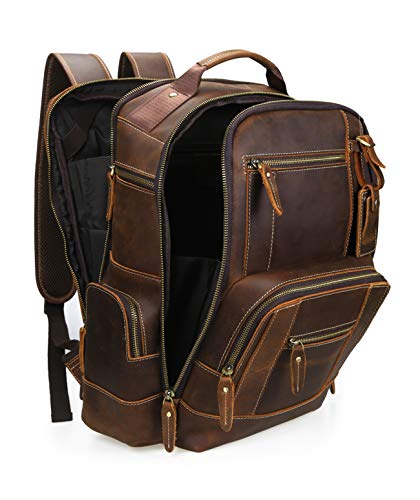 LANNSYNE Men's Vintage Full Grain Leather 15.6 Inch Laptop Backpack Camping Travel 24L Rucksack