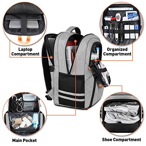 Ytonet Gym Backpack For Men Women, Travel Backpack With Shoe Compartment USB Charging Port, Water Resistant Medical Laptop Backpack Fit 15.6 Inch Notebook, Camping, Hiking, School, Grey