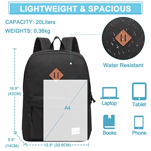 VASCHY Lightweight Backpack for School, Classic Basic Water Resistant Casual Daypack for Travel with Bottle Side Pockets (Black)