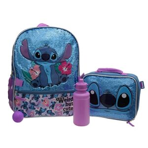 disney lilo & stitch girls 4 piece backpack set, blue flip sequin school travel bag with front zip pocket, mesh side pockets, lunch box, water bottle, and squish ball dangle