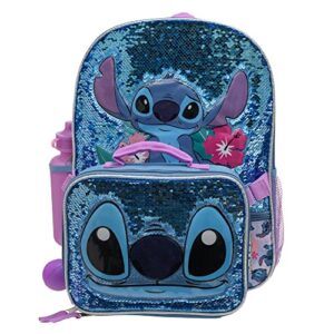 Disney Lilo & Stitch Girls 4 Piece Backpack Set, Blue Flip Sequin School Travel Bag with Front Zip Pocket, Mesh Side Pockets, Lunch Box, Water Bottle, and Squish Ball Dangle