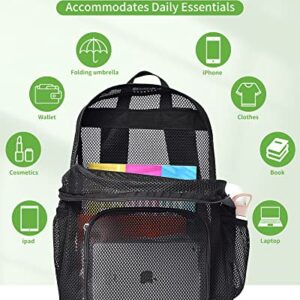 MAY TREE Heavy Duty Mesh Backpack, Semi-Transparent Mesh Backpack, See Through Mesh Backpack for Commuting, Swimming, Travel, Beach, Outdoor Sports (Black)