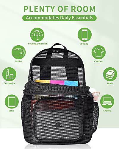 MAY TREE Heavy Duty Mesh Backpack, Semi-Transparent Mesh Backpack, See Through Mesh Backpack for Commuting, Swimming, Travel, Beach, Outdoor Sports (Black)