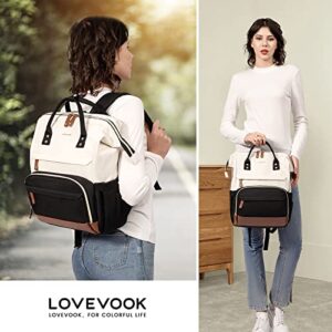 LOVEVOOK Laptop Backpack for Women, 15.6 Inch Work Business Backpacks Purse with USB Port, Large Capacity Teacher Nurse Bag College Bookbag, Waterproof Casual Daypack for Travel,Black-White-Brown