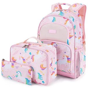 mommore kids backpack set, unicorn backpack for girls lightweight elementary bookbag for students school backpack for children with chest strap water resistant, 3pcs pink