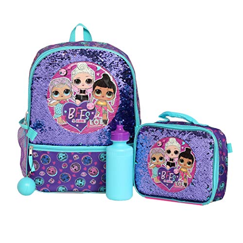 LOL Girl’s 4 Piece Backpack Set, Sequined School Bag with Front Zip Pocket, 2 Side Mesh Pockets, Insulated Lunch Box, Water Bottle, and Squish Ball Dangle, Purple and Teal